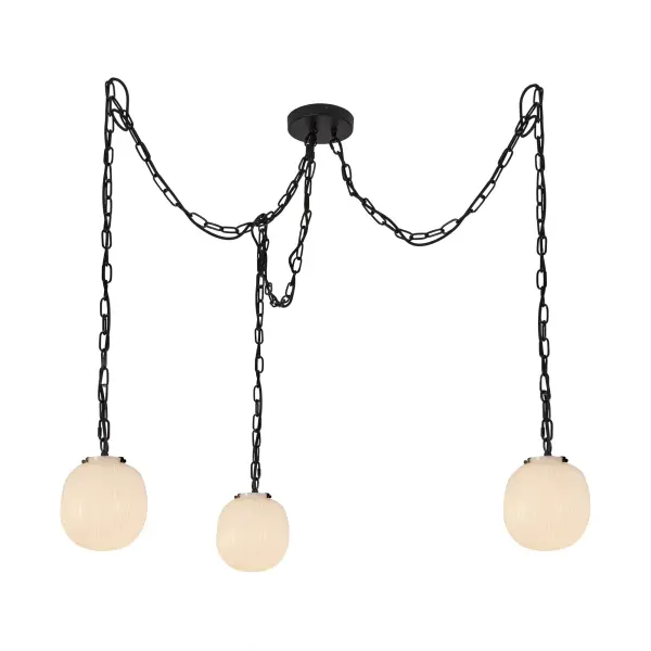 The Cherise 3-Light Multi Pendant brings 1920s candy shop nostalgia to life with bonbon-shaped ribbed opal glass shades. Its matte black finish and soft, inviting glow create timeless Art Deco charm perfect for intimate spaces.