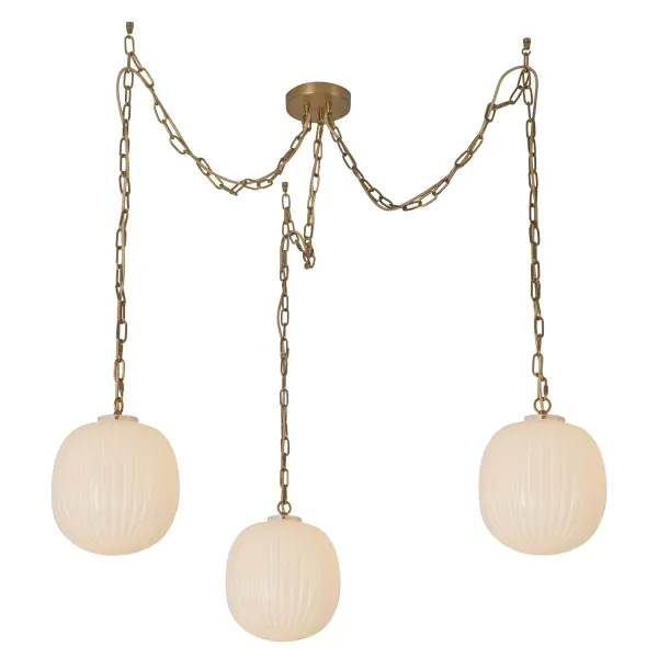 The Cherise 3-Light Multi Pendant brings 1920s candy shop nostalgia to life with bonbon-shaped ribbed opal glass shades. Perfect for adding vintage character to dining rooms and kitchen islands while providing soft, inviting illumination.
