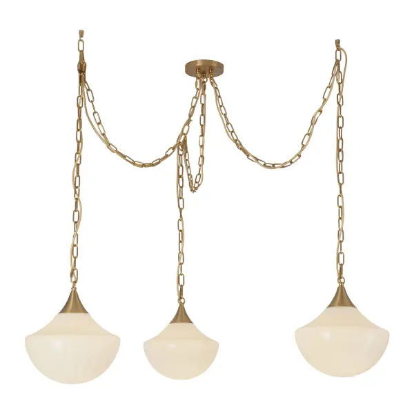 The Farrah collection brings Moroccan elegance with three swaged pendants featuring unique opal ribbed glass. Adaptable design suits various spaces while the brushed gold finish and amber glass create warm, inviting ambiance. - alternate view