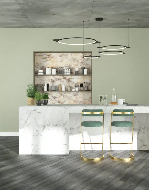 The Serif 36" Multi Pendant transforms spaces with its floating geometric rings that create both two- and three-dimensional visual art. Featuring integrated LED technology and adjustable ring formations, this versatile fixture adapts from minimal uniform design to free-form artistic expression. - alternate view