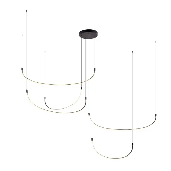 The Talis transforms the classic linear pendant into an artistic statement piece with its organic U-shaped LED bars. Featuring adjustable heights across multiple bars, this 90-inch fixture offers exceptional versatility for creating custom lighting compositions in large spaces. - alternate view