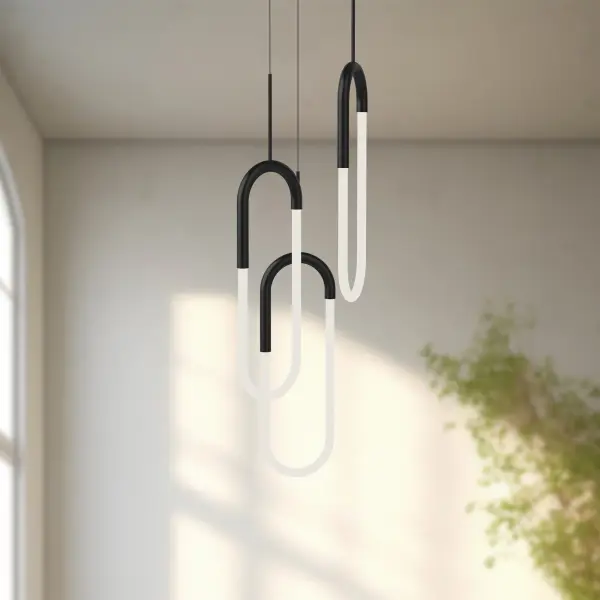 The Huron 3-Light Multi Pendant combines sleek extruded aluminum construction with frosted acrylic tubes for a sophisticated contemporary look. Integrated 3000K LED provides warm, inviting illumination perfect for dining and living spaces. - alternate view