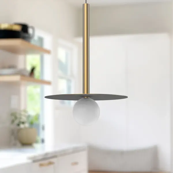 The Elixir pendant combines geometric simplicity with decorative appeal through its opal glass globe and brushed gold metallic stem. Integrated LED with warm 3000K lighting creates inviting illumination perfect for modern interiors. - alternate view