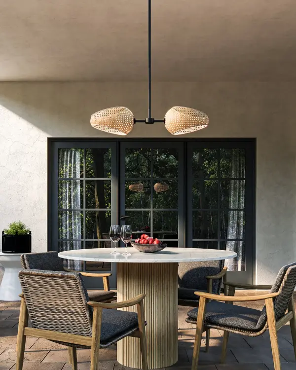 The Lanai 2-Light Pendant brings Hawaiian-inspired relaxation to your space with handcrafted natural rattan shades and modern opal glass globes. Perfect for covered patios or indoor dining areas, this fixture combines organic texture with integrated warm LED lighting for effortless style. - alternate view