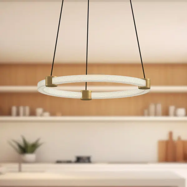 The Bruni pendant features adjustable circular rings with ribbed acrylic texture, offering personalized styling and warm LED illumination. Perfect for modern spaces requiring both ambient and task lighting. - alternate view