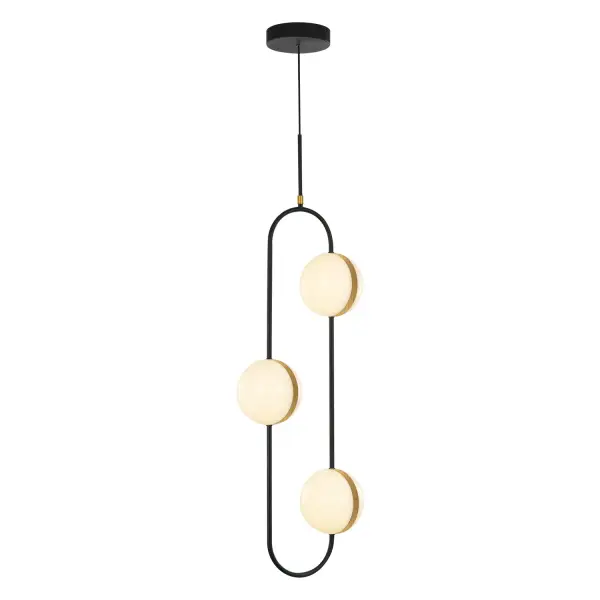 The Tagliato 3-Light Pendant masterfully blends modern and classic design with its striking matte black frame and brushed gold accents. Featuring rotating opal globes with integrated LED, this fixture delivers both style and function.