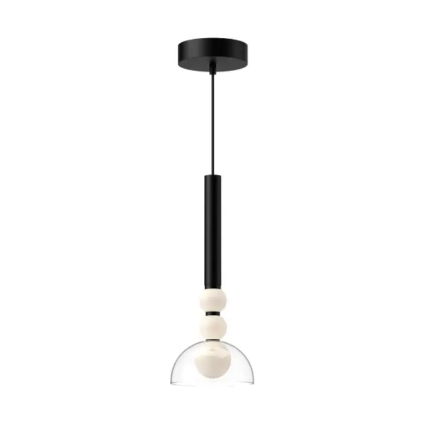 The Rise 6-inch pendant combines sleek modern design with practical integrated LED lighting. Its delicate opal sphere and clear glass shade deliver warm, ambient light perfect for intimate spaces and task areas.