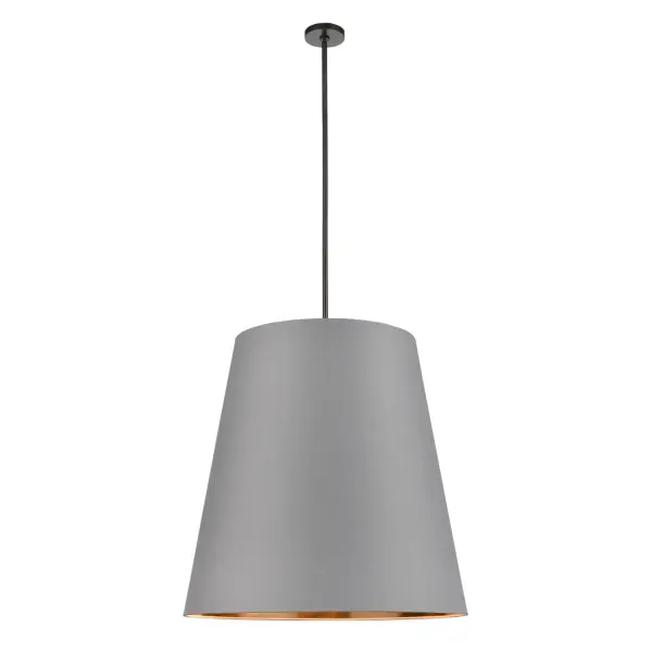 The Calor 30-inch pendant combines classic sophistication with modern versatility. Its softly tapered linen drum shade features a luminous gold interior that creates warm, inviting ambiance while the black exterior adds contemporary contrast.