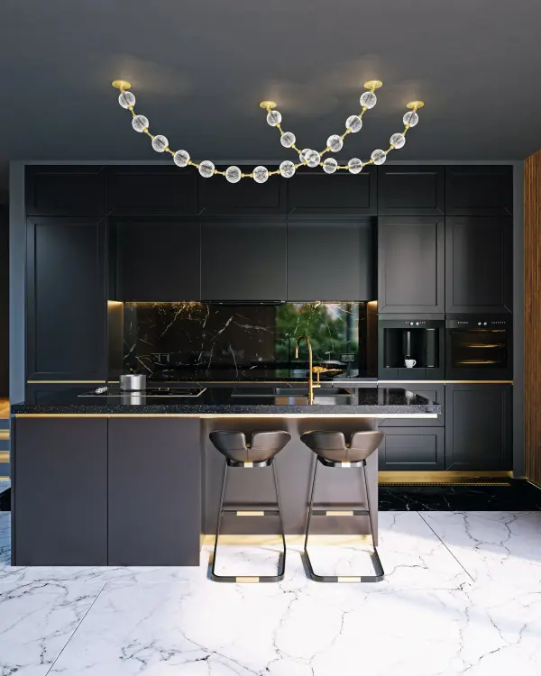 The Marni 5-foot pendant brings luxurious sparkle to large spaces with meticulously cut acrylic shades that create glittering beams of light. Integrated LED with warm 3000K temperature offers energy efficiency and beautiful ambiance. - alternate view