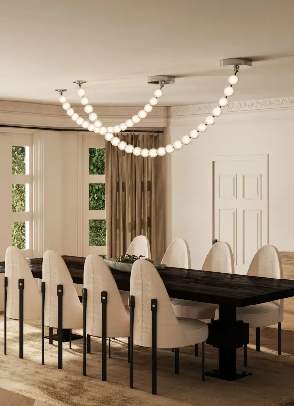 The Akoya 7-foot pendant transforms any space with its luxurious pearl-inspired design. Featuring integrated LED beads that twirl along a frosted chrome frame, this oversized fixture offers unlimited configuration options for a truly custom look. - alternate view