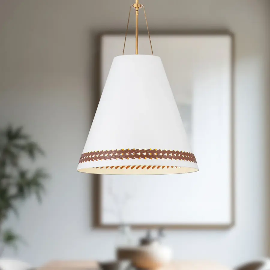 Brickell 20" Pendant in Matte White with Hazelnut Leather - Image 4