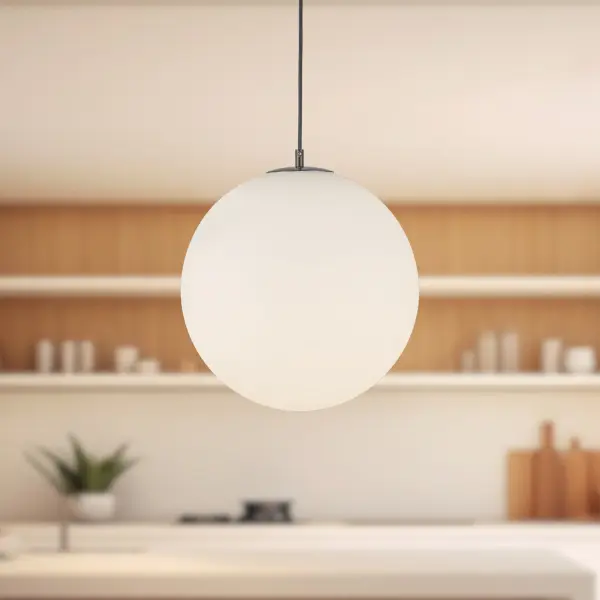 The Marco pendant combines refined simplicity with modern elegance through its 16-inch opal glass globe that creates a soft, diffused ambiance. Black cord and canopy details provide subtle contrast while maintaining a clean aesthetic. - alternate view