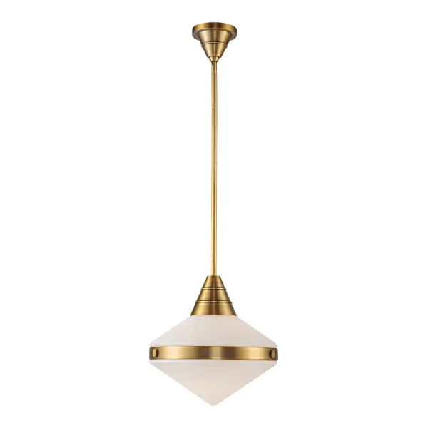 The Willard pendant brings cozy cottage charm with its vintage brass finish and opal matte glass shade. Strong metal details and classic geometry create a versatile fixture perfect for kitchens, dining areas, and bedrooms.