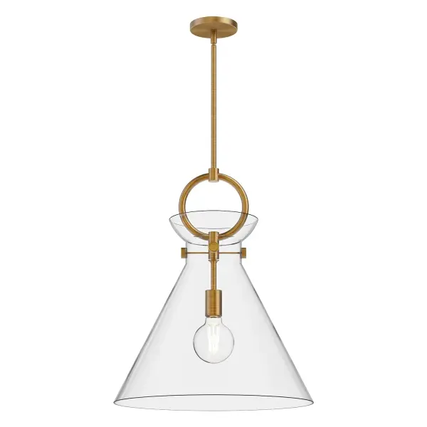 The Emerson 18-inch pendant brings artful versatility to any space with its handsome matte black finish and clear glass shade. Part of a customizable collection offering five shade shapes and mixed metal options, it adapts from cozy cottage to eclectic modern settings with ease.