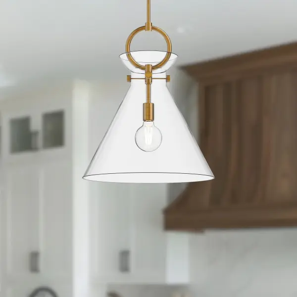 The Emerson 18-inch pendant brings artful versatility to any space with its handsome matte black finish and clear glass shade. Part of a customizable collection offering five shade shapes and mixed metal options, it adapts from cozy cottage to eclectic modern settings with ease. - alternate view