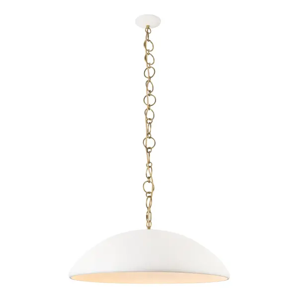 The Grant Pendant combines organic domed form with oversized circular chain elements and mixed metal finishes. Its 28-inch scale makes a bold statement while maintaining versatility across contemporary and transitional spaces.