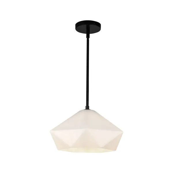 The Krysta pendant combines clean geometric lines with faceted opal glass that creates beautiful light patterns. Its 14-inch size makes it perfect for kitchen islands, dining areas, or as a bedroom accent.
