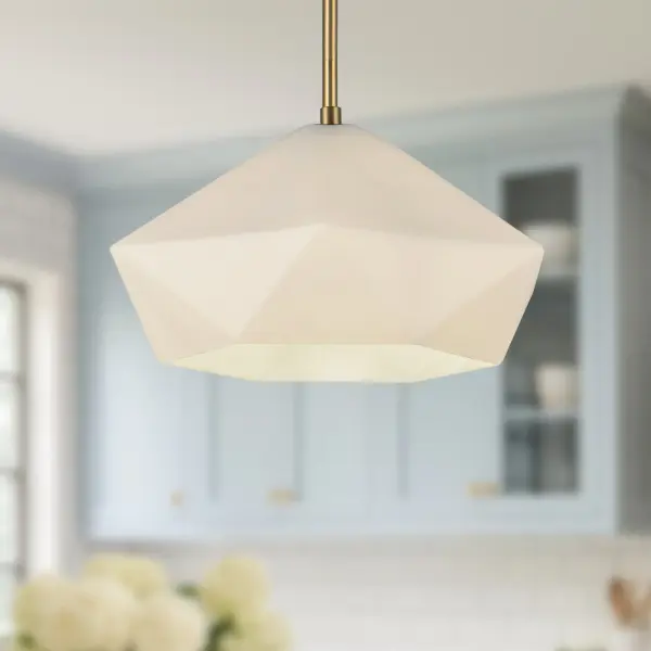 The Krysta pendant combines clean geometric lines with faceted opal glass that creates beautiful light patterns. Its 14-inch size makes it perfect for kitchen islands, dining areas, or as a bedroom accent. - alternate view