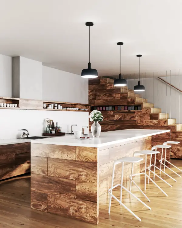 The Adriano pendant combines clean modern lines with decorative forged metal accents that create beautiful shadowing effects. Its three-layer design leaks light upward for ambient ceiling illumination while providing focused task lighting below. - alternate view