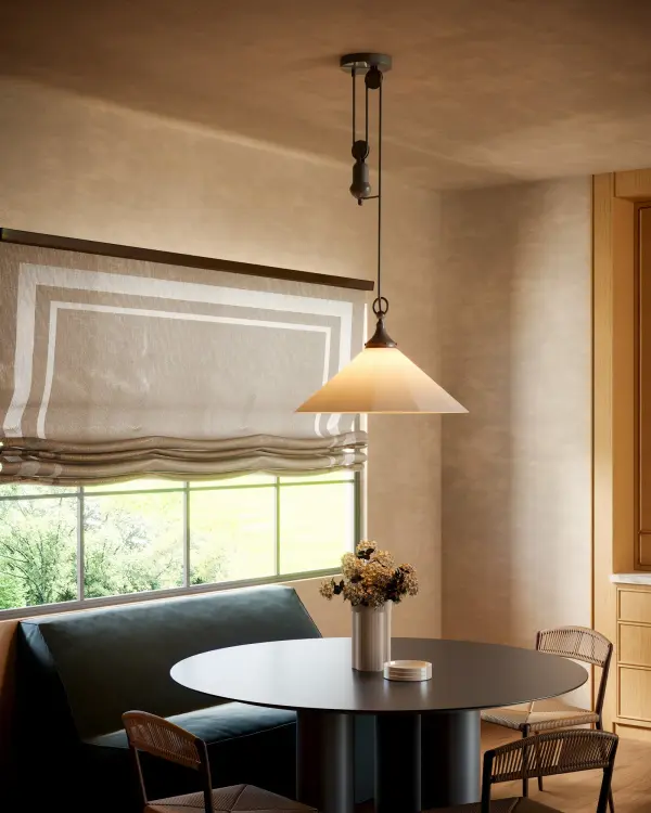 The Ellen pendant combines antique pulley-inspired hardware with a crisp white linen drum shade and matte black finish. This 20-inch fixture brings timeless character to kitchens, dining rooms, and bedrooms with easy installation and sloped ceiling adaptability. - alternate view