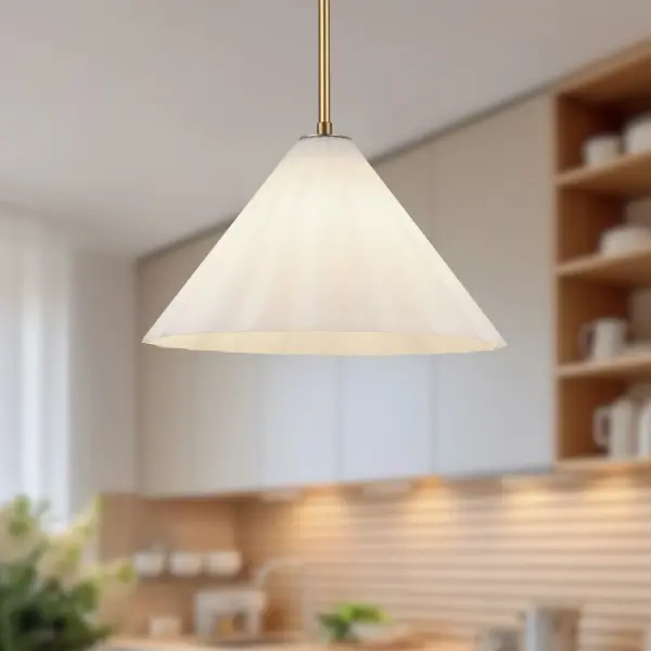 The Serena pendant combines contemporary design with timeless elegance through its distinctive pleated opal glass shade. The aged gold finish adds warmth while the diffused light creates sophisticated ambiance in any space. - alternate view