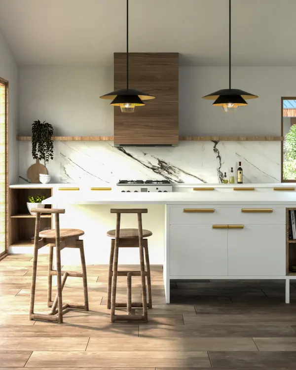 The Tetsu pendant masterfully combines Japanese minimalism with Scandinavian warmth through its layered metallic shades and clean glass accent. At 20 inches, it provides substantial presence while maintaining refined proportions. - alternate view