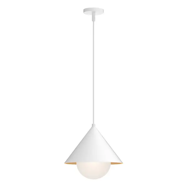 The Remy pendant brings Japandi aesthetics to modern spaces with its clean triangular shade and sophisticated matte white finish accented by a warm gold interior. Perfect for creating focused task lighting or ambient glow.