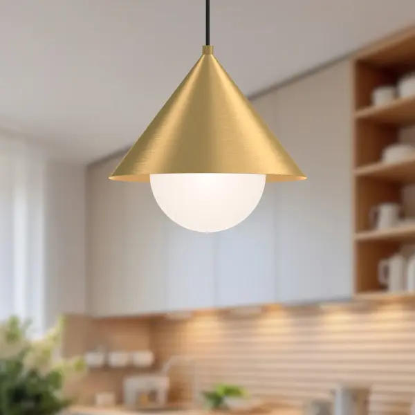 The Remy pendant brings Japandi aesthetics to modern spaces with its clean triangular shade and sophisticated matte white finish accented by a warm gold interior. Perfect for creating focused task lighting or ambient glow. - alternate view