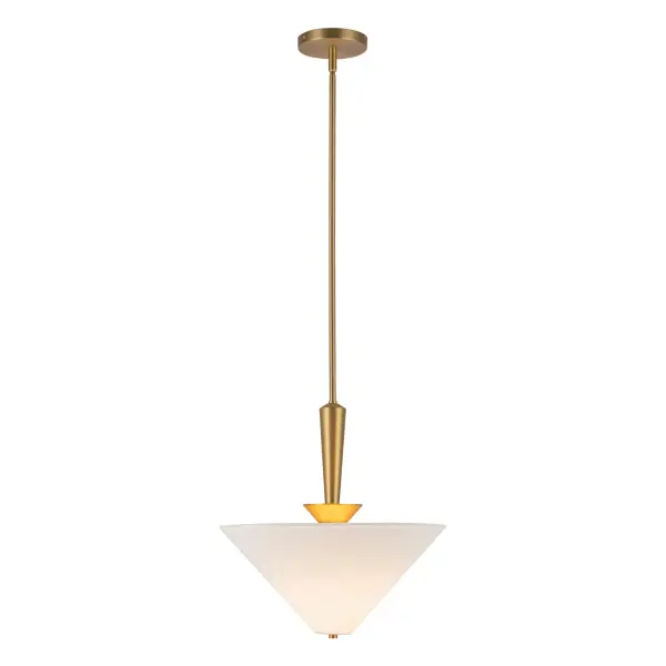 The Bridgette pendant combines bold triangular geometry with soft folded fabric shades, creating visual interest while providing warm, diffused light. The brushed gold finish adds sophistication to contemporary spaces.
