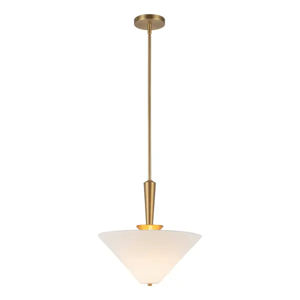 The Bridgette pendant combines bold triangular geometry with soft folded fabric shades, creating visual interest while providing warm, diffused light. The brushed gold finish adds sophistication to contemporary spaces. - alternate view