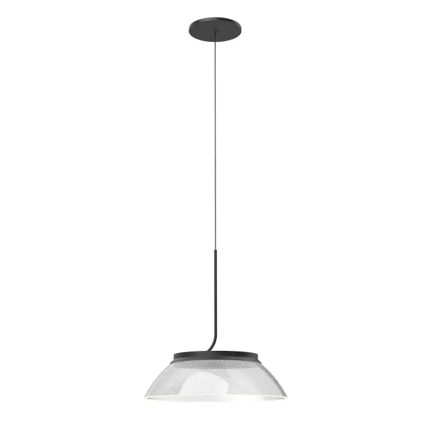The Magellan pendant features innovative edge-lit acrylic technology with a textured black exterior and clear dotted acrylic shade. Integrated LED provides warm 3000K lighting, perfect for contemporary spaces seeking a statement piece.
