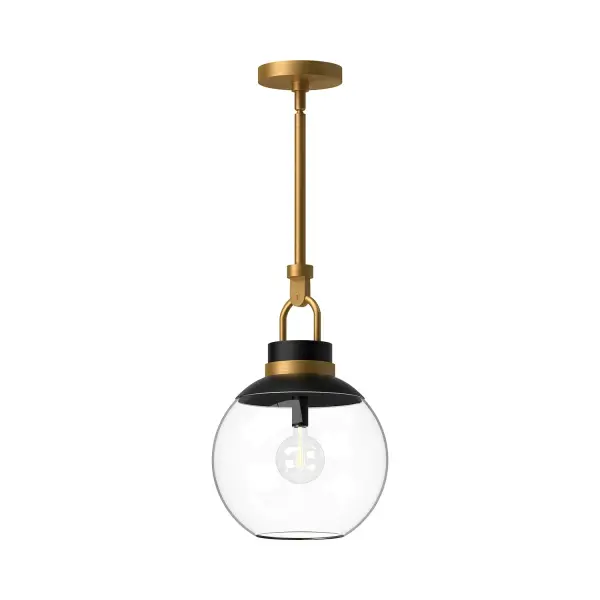 The Copperfield pendant brings magical details inspired by a magician's top hat, blending whimsy with classic sophistication. Its aged gold finish and clear glass shade create versatile appeal for traditional and contemporary spaces alike.