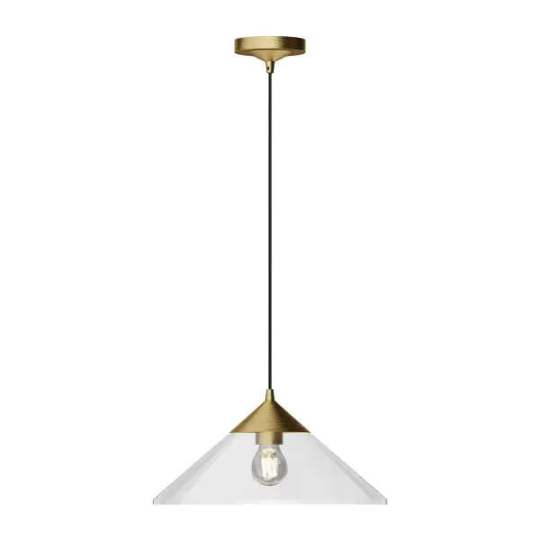 The Mauer pendant brings playful mid-century flair to modern spaces with its geometric silhouette and warm brushed gold finish. Clear glass allows maximum light output while the clean-lined design adds visual interest without overwhelming. - alternate view