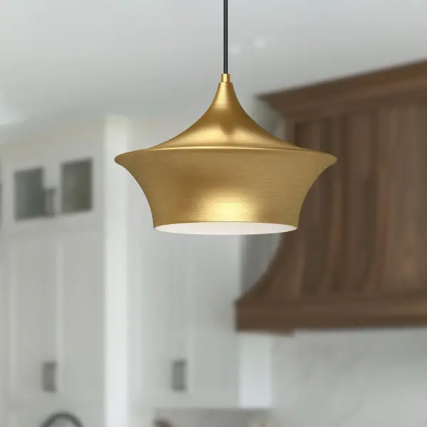 The Emiko pendant brings Wabi-Sabi philosophy to modern interiors with its sweeping organic metal shade in luxe Brushed Gold. At 13 inches, it's perfectly scaled for intimate spaces while making a sophisticated design statement. - alternate view