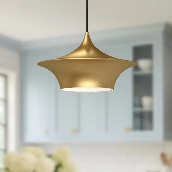 The Emiko pendant brings Wabi-Sabi philosophy to modern interiors with its sweeping organic metal shade in luxurious Brushed Gold. At 16 inches, it's perfectly sized for intimate spaces while making a sophisticated statement. - alternate view