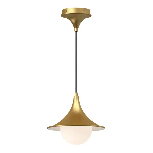 The Fuji pendant brings calm sophistication with its unique triangular shade and decorative opal glass globe. Inspired by Mount Fuji, this fixture blends organic modern aesthetics with warm brushed gold finish, perfect for creating peaceful ambiance.