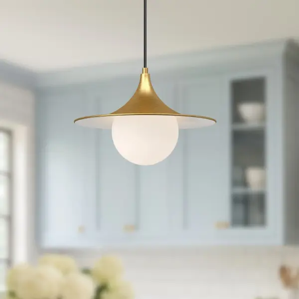 The Fuji pendant brings organic elegance to any space with its distinctive triangle shade and decorative opal glass globe. Inspired by Mount Fuji, this fixture blends Eastern minimalism with warm metallic finishes for a calming, sophisticated aesthetic. - alternate view