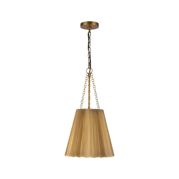 The Plisse pendant brings runway-inspired sophistication to your space with its unique pleated metal shade in warm Aged Gold. This 12-inch fixture offers vintage class with modern versatility, perfect for adding chic ambiance to intimate spaces.