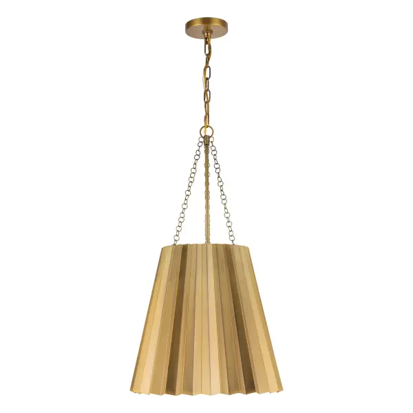 The Plisse pendant brings runway-inspired sophistication to any space with its unique pleated metal shade in warm Aged Gold. This 16-inch fixture combines vintage class with contemporary appeal, perfect for adding chic ambiance to kitchens, dining rooms, and bedrooms.
