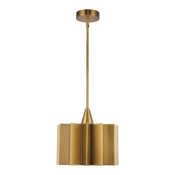 The Plisse pendant brings runway-inspired sophistication to any space with its unique pleated metal shade in luxurious Aged Gold. Perfect for adding vintage class and chic ambiance to kitchens, bedrooms, and dining areas.
