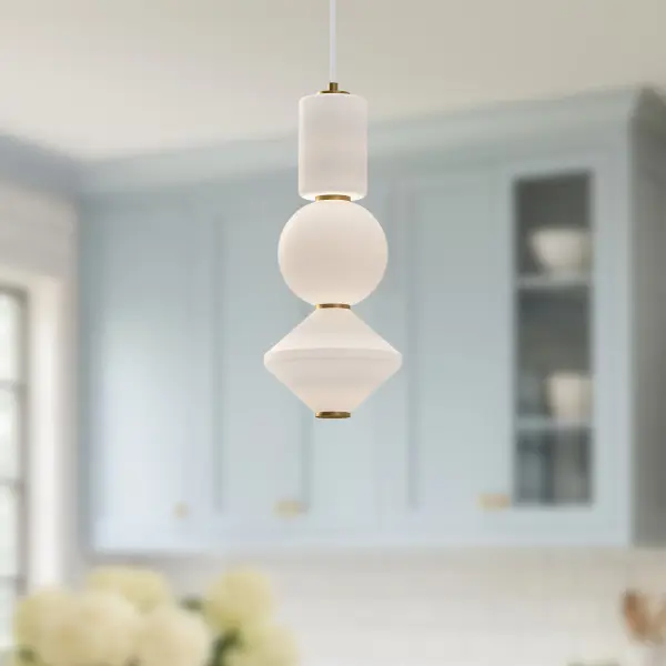 The Bijou pendant brings sophisticated simplicity with its geometric opal glass shade and brushed nickel finish. Inspired by fine jewelry, this 8-inch fixture offers integrated LED lighting perfect for task or ambient illumination. - alternate view