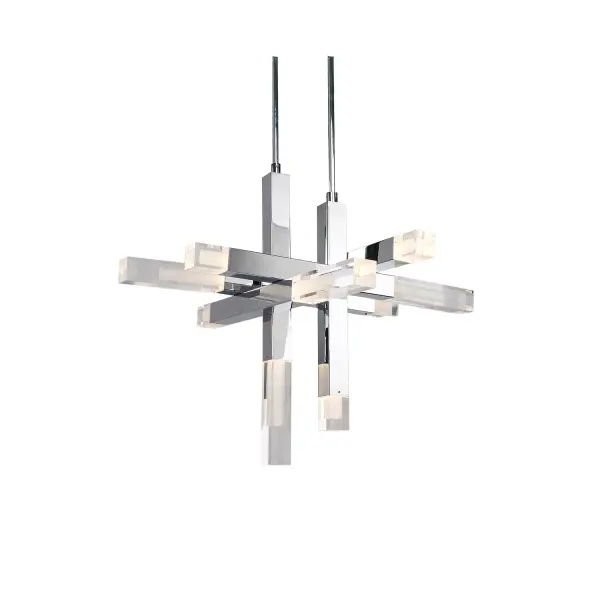 The Martelo pendant makes a bold statement with its geometric design featuring six polished chrome bars with quartz-like acrylic ends. Integrated LED technology provides warm illumination while the clean lines and perpendicular stacking create dramatic visual interest perfect for contemporary spaces.