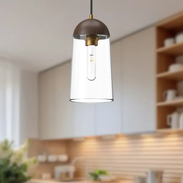 The Emil 6-inch pendant beautifully blends natural walnut wood with aged gold metallic accents, creating a versatile fixture that transitions effortlessly from Scandinavian minimalism to rustic cottage charm. Perfect for intimate spaces. - alternate view