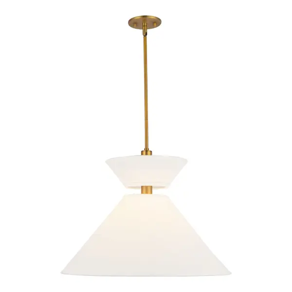 The Chapelle pendant brings fashion-forward design to your space with its modern geometric form and luxurious aged gold finish. Two triangular white linen shades create visual interest while providing warm, diffused light.