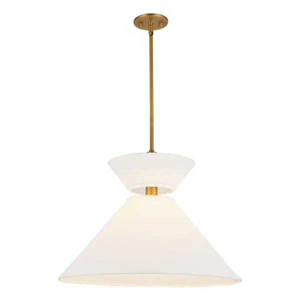 The Chapelle pendant brings fashion-forward design to your space with its modern geometric form and luxurious aged gold finish. Two triangular white linen shades create visual interest while providing warm, diffused light. - alternate view