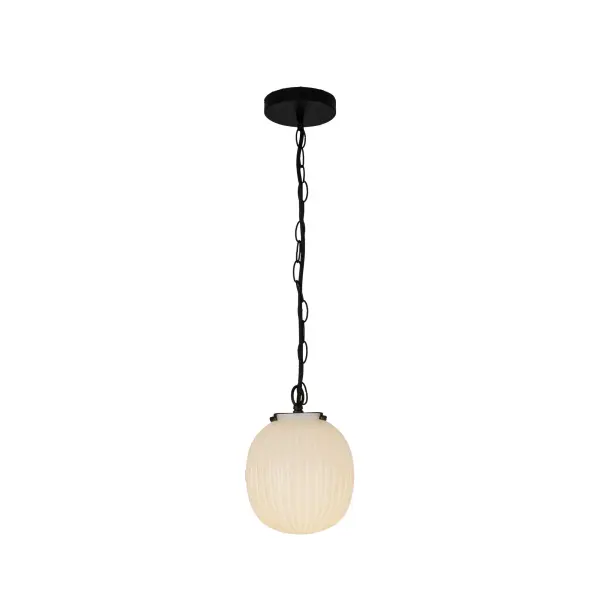 The Cherise pendant brings 1920s candy shop nostalgia to life with its bonbon-shaped ribbed opal glass shade. Perfect for adding Art Deco character to kitchens, dining areas, and bedrooms while providing soft, inviting illumination.