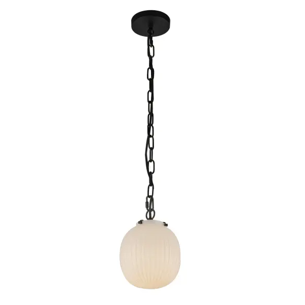 The Cherise pendant brings 1920s candy shop nostalgia to life with its bonbon-shaped ribbed opal glass shade. Perfect for adding Art Deco character to kitchens, dining areas, and bedrooms while providing soft, inviting illumination. - alternate view