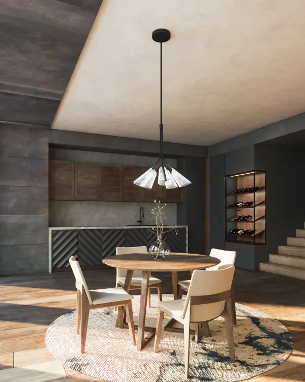 The Mulberry pendant reimagines classic shapes with modern minimalism. Its edge-lit clear etched acrylic shade creates a distinctive glow, while the matte black forged body adds contemporary sophistication. Integrated LED provides warm illumination. - alternate view