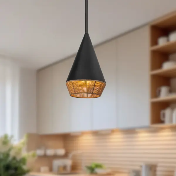 The Daphne pendant blends mid-century geometry with organic warmth through its angular metal frame and natural rope detailing. At 7 inches, it's perfectly scaled for intimate spaces or clustered installations. - alternate view