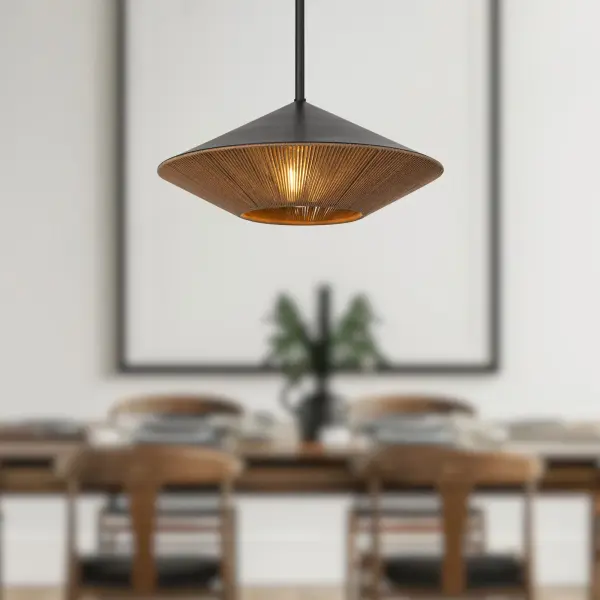 The Daphne pendant blends mid-century geometry with organic warmth through its angular metal frame and natural rope detailing. At 15 inches, it's perfectly scaled for intimate spaces while making a bold design statement. - alternate view